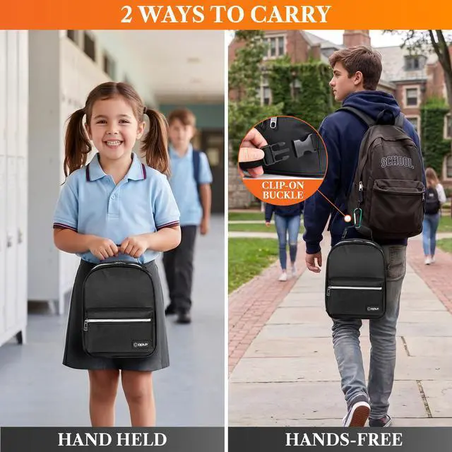 Alt view image 6 of 7 - Insulated Lunch Box for Kids and Adults, Soft Lunch Bag, Black | Reusable Thermal Lunchbox, Clip-On Buckle Handle, Dual Zippers, Front Pocket, Mesh Back Pocket, Leakproof BPA-Free Lining