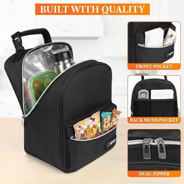 Alt view image 5 of 7 - Insulated Lunch Box for Kids and Adults, Soft Lunch Bag, Black | Reusable Thermal Lunchbox, Clip-On Buckle Handle, Dual Zippers, Front Pocket, Mesh Back Pocket, Leakproof BPA-Free Lining