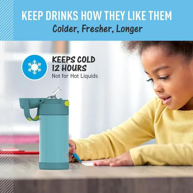 Alt view image 5 of 7 - FUNTAINER Water Bottle with Straw, 12oz, Blue/Green | Kids Stainless Steel Insulated Water Bottle, Keeps Drinks Cold Longer for School & Play, BPA-Free