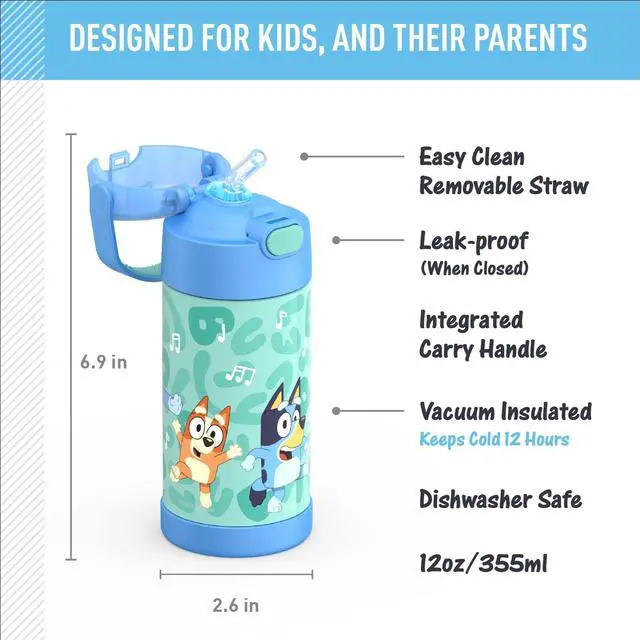 Alt view image 2 of 7 - FUNTAINER Water Bottle with Straw, 12oz, Bluey | Kids Stainless Steel Insulated Water Bottle, Keeps Drinks Cold Longer for School & Play, BPA-Free