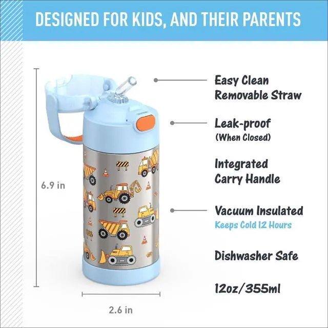Alt view image 3 of 4 - FUNTAINER Water Bottle with Straw, 12oz, Construction | Kids Stainless Steel Insulated Water Bottle, Keeps Drinks Cold Longer for School & Play, BPA-Free