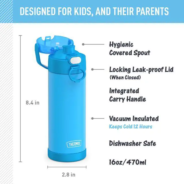 Alt view image 2 of 7 - FUNTAINER Water Bottle with Spout, 16oz, Electric Blue | Kids Stainless Steel Insulated Water Bottle, Keeps Drinks Cold Longer for School & Play, BPA-Free