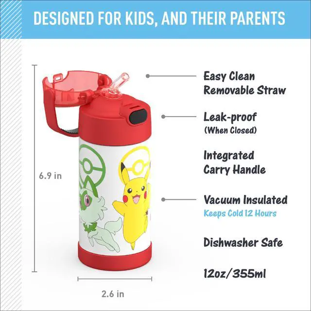 Alt view image 2 of 5 - FUNTAINER Water Bottle with Straw, 12oz, Pokémon | Kids Stainless Steel Insulated Water Bottle, Keeps Drinks Cold Longer for School & Play, BPA-Free