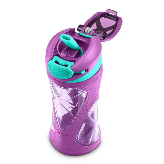 Alt view image 7 of 7 - Torque 16oz Plastic Kids Water Bottle with Silicone Sleeve, Purple | Leakproof kids water bottle with silicone sleeve and locking lid. BPA-free, backpack friendly for school and lunchboxes.