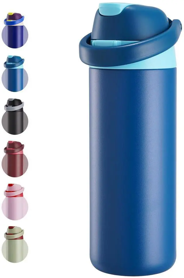Main image of 18 oz Insulated Water Bottle, Stainless Steel Water Bottle with 2-in-1 Straw and Push-Button Spout Lid, Keeps 24 Hours Cold, Double Wall Vacuum Leak-Proof & BPA-Free for Sports, Travel, Blue