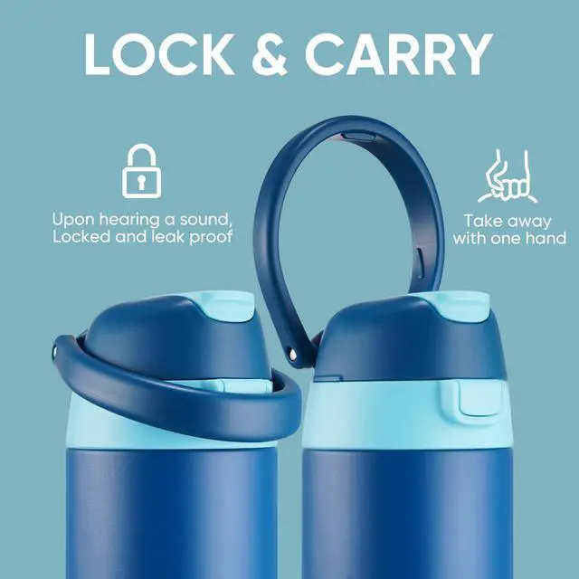 Alt view image 4 of 7 - 18 oz Insulated Water Bottle, Stainless Steel Water Bottle with 2-in-1 Straw and Push-Button Spout Lid, Keeps 24 Hours Cold, Double Wall Vacuum Leak-Proof & BPA-Free for Sports, Travel, Blue