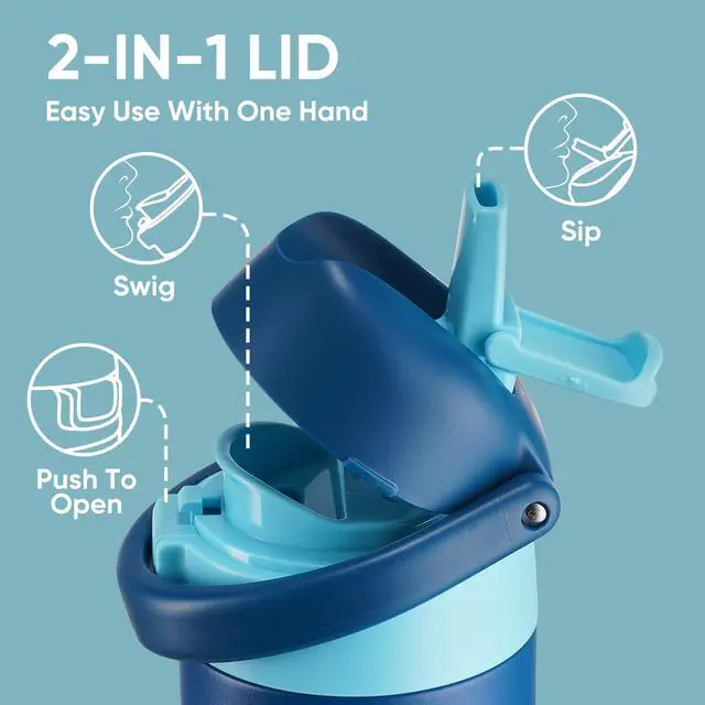 Alt view image 2 of 7 - 18 oz Insulated Water Bottle, Stainless Steel Water Bottle with 2-in-1 Straw and Push-Button Spout Lid, Keeps 24 Hours Cold, Double Wall Vacuum Leak-Proof & BPA-Free for Sports, Travel, Blue