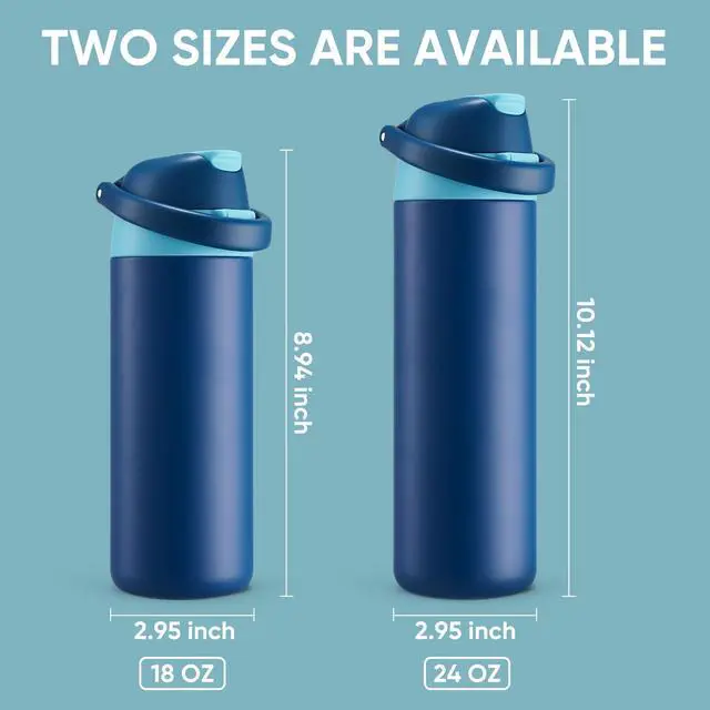 Alt view image 5 of 7 - 18 oz Insulated Water Bottle, Stainless Steel Water Bottle with 2-in-1 Straw and Push-Button Spout Lid, Keeps 24 Hours Cold, Double Wall Vacuum Leak-Proof & BPA-Free for Sports, Travel, Blue