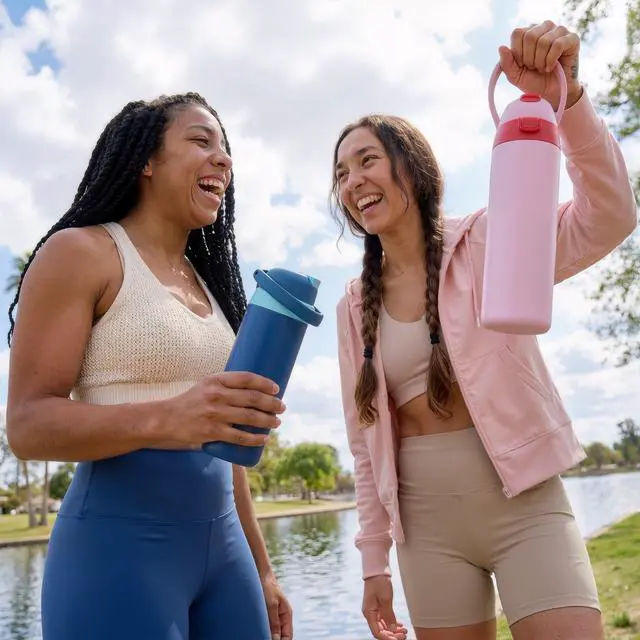 Alt view image 3 of 7 - 18 oz Insulated Water Bottle, Stainless Steel Water Bottle with 2-in-1 Straw and Push-Button Spout Lid, Keeps 24 Hours Cold, Double Wall Vacuum Leak-Proof & BPA-Free for Sports, Travel, Blue