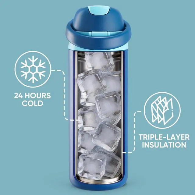 Alt view image 6 of 7 - 18 oz Insulated Water Bottle, Stainless Steel Water Bottle with 2-in-1 Straw and Push-Button Spout Lid, Keeps 24 Hours Cold, Double Wall Vacuum Leak-Proof & BPA-Free for Sports, Travel, Blue