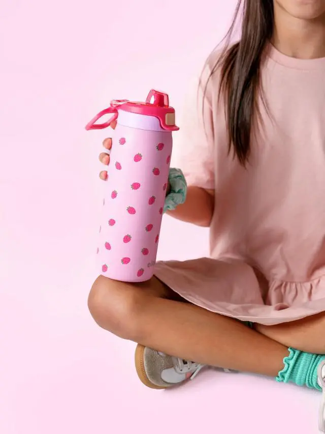 Alt view image 2 of 7 - Kids Pop & Fill 18oz Stainless Water Bottle, Sip or Chug, Strawberries | Insulated stainless steel kids water bottle with Quick Fill lid, sip straw, chug opening, leakproof lock, and BPA-free
