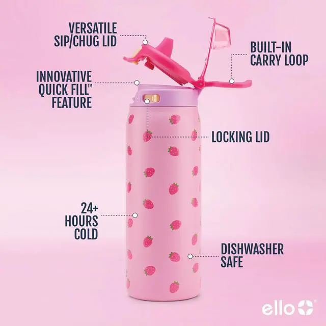 Alt view image 4 of 7 - Kids Pop & Fill 18oz Stainless Water Bottle, Sip or Chug, Strawberries | Insulated stainless steel kids water bottle with Quick Fill lid, sip straw, chug opening, leakproof lock, and BPA-free