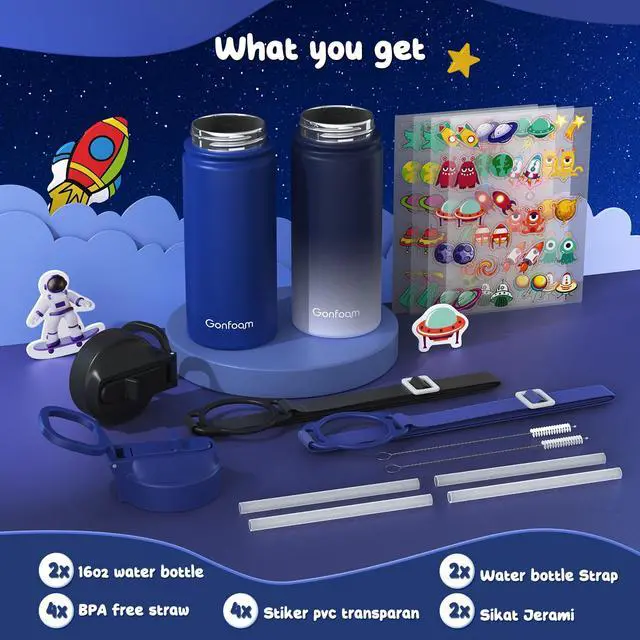 Alt view image 2 of 7 - 16oz Kids Water Bottle, 2 Pack Stainless Steel Insulated Cup | DIY Stickers, BPA-free, Leak-proof, Sturdy, Keeps Cold 24h, Easy to Carry, Easy to Clean, Back to School, Gifts