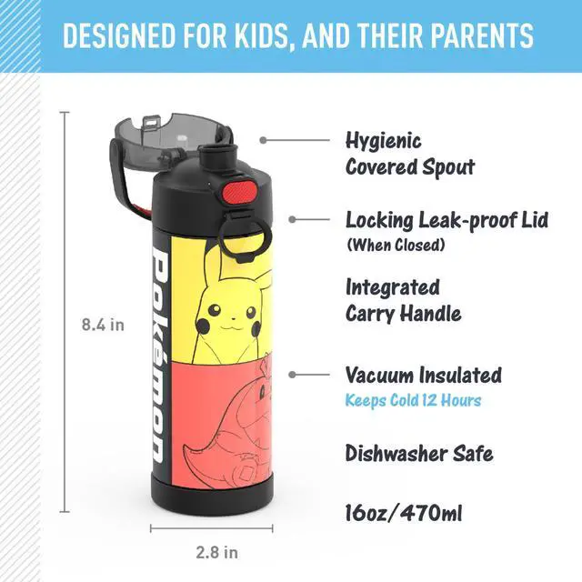 Alt view image 2 of 7 - FUNTAINER Water Bottle with Spout, 16oz, Pokemon | Kids Stainless Steel Insulated Water Bottle, Keeps Drinks Cold Longer for School & Play, BPA-Free