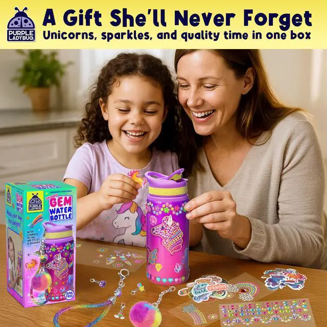 Alt view image 2 of 7 - Decorate Your Own Water Bottle Kit for Girls - Birthday Gift Ages 4-10 | Unicorn Crafts with Gem Stickers, Charms and Wristlet, 20 oz BPA-Free, Arts and Crafts for Kids Ages 6-12, Toys for Girls