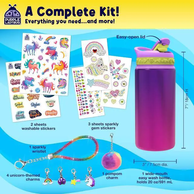 Alt view image 3 of 7 - Decorate Your Own Water Bottle Kit for Girls - Birthday Gift Ages 4-10 | Unicorn Crafts with Gem Stickers, Charms and Wristlet, 20 oz BPA-Free, Arts and Crafts for Kids Ages 6-12, Toys for Girls