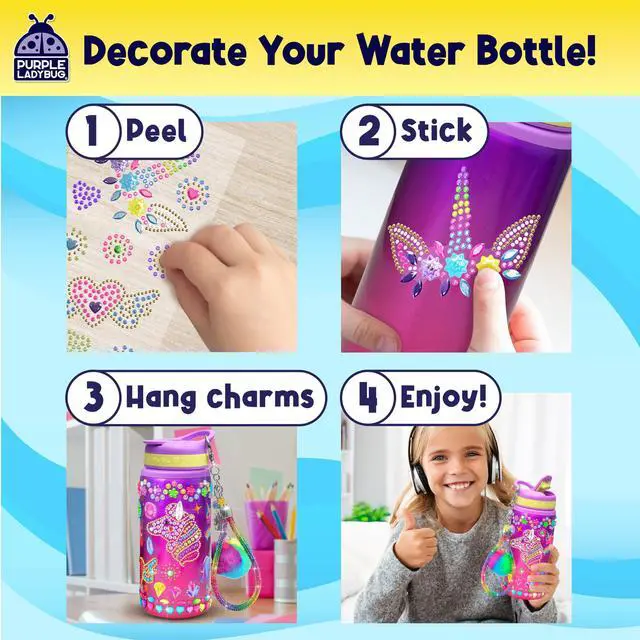 Alt view image 4 of 7 - Decorate Your Own Water Bottle Kit for Girls - Birthday Gift Ages 4-10 | Unicorn Crafts with Gem Stickers, Charms and Wristlet, 20 oz BPA-Free, Arts and Crafts for Kids Ages 6-12, Toys for Girls