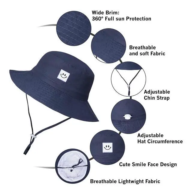 Alt view image 6 of 6 - Baby Sun Hat Toddler Bucket Hat for Boys 2-7 Years 2pack Smile Face Grey/Navy
