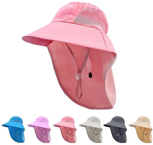 Main image of Kids Sun Hat with Neck Flap UV Protection Summer Toddler Beach Hat Unisex Ponytail Hat Wide Brim Fishing Hat-Pink