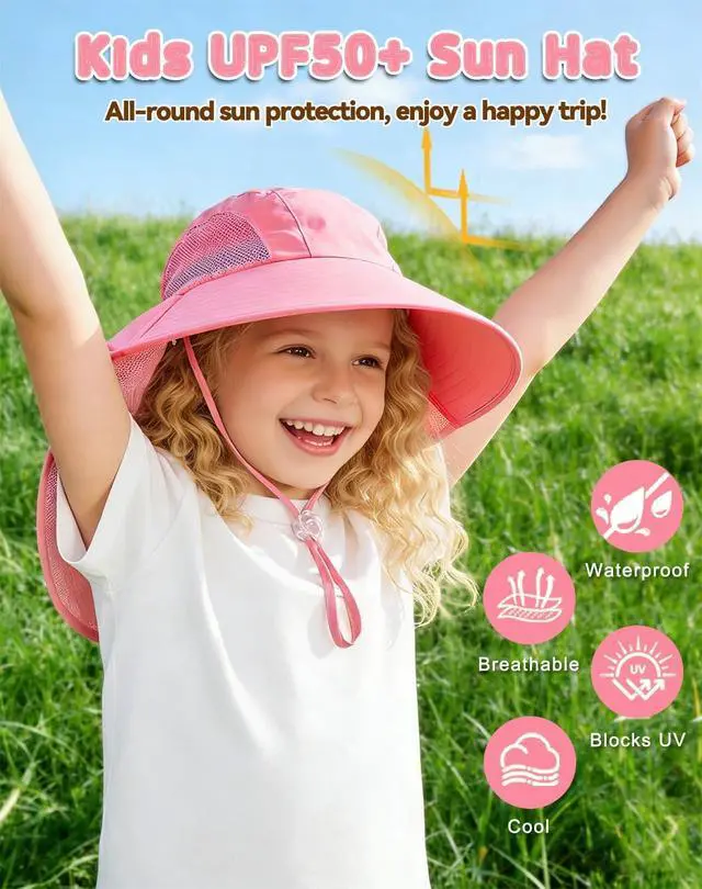 Alt view image 2 of 6 - Kids Sun Hat with Neck Flap UV Protection Summer Toddler Beach Hat Unisex Ponytail Hat Wide Brim Fishing Hat-Pink