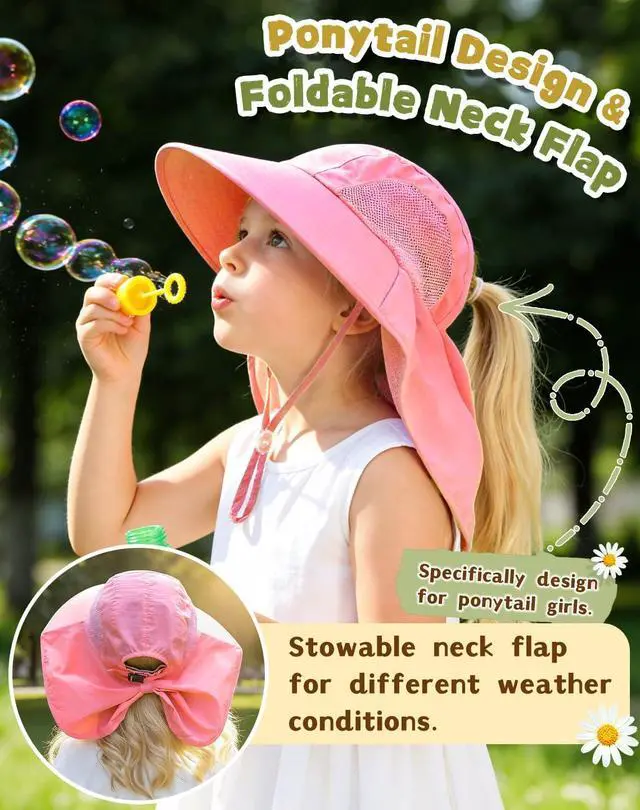 Alt view image 3 of 6 - Kids Sun Hat with Neck Flap UV Protection Summer Toddler Beach Hat Unisex Ponytail Hat Wide Brim Fishing Hat-Pink