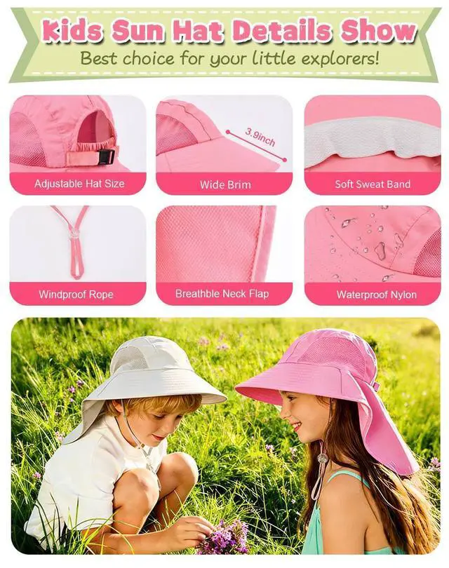 Alt view image 4 of 6 - Kids Sun Hat with Neck Flap UV Protection Summer Toddler Beach Hat Unisex Ponytail Hat Wide Brim Fishing Hat-Pink