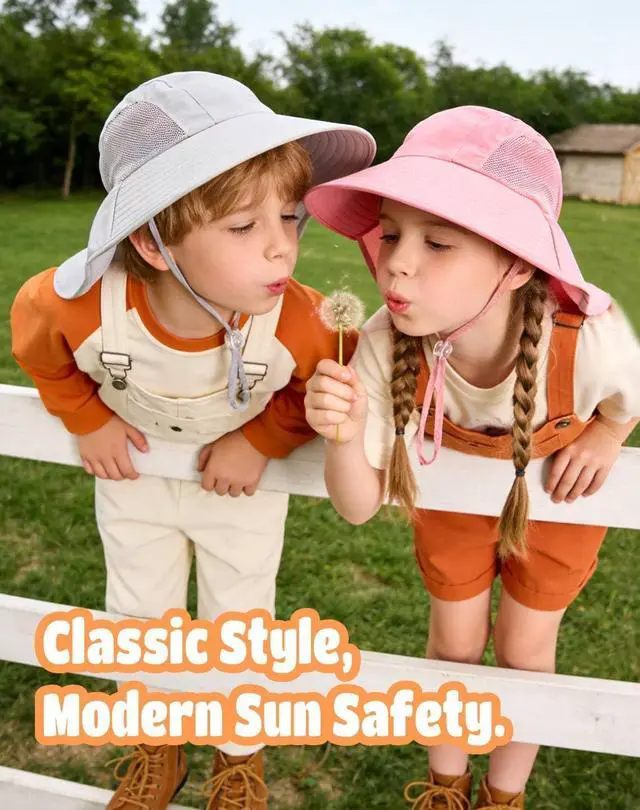 Alt view image 5 of 6 - Kids Sun Hat with Neck Flap UV Protection Summer Toddler Beach Hat Unisex Ponytail Hat Wide Brim Fishing Hat-Pink