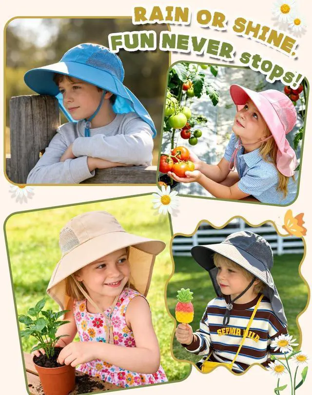 Alt view image 6 of 6 - Kids Sun Hat with Neck Flap UV Protection Summer Toddler Beach Hat Unisex Ponytail Hat Wide Brim Fishing Hat-Pink