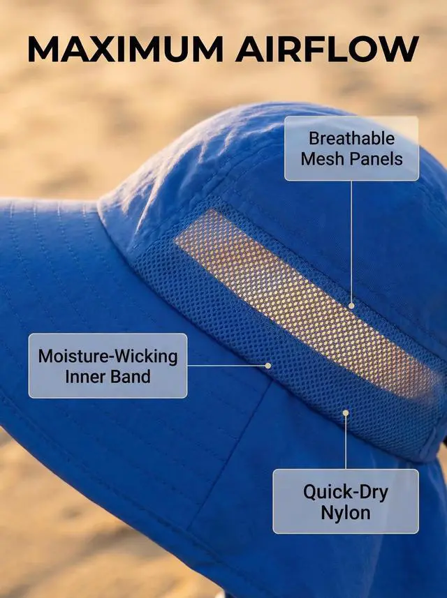 Alt view image 2 of 7 - Kids Sun Hat UPF50+ Sun Protection Bucket Hat Toddler Summer Beach Play Hats with Neck Flap for Girl Boy Ages 3~10 (SolidBlue)