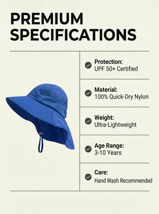 Alt view image 5 of 7 - Kids Sun Hat UPF50+ Sun Protection Bucket Hat Toddler Summer Beach Play Hats with Neck Flap for Girl Boy Ages 3~10 (SolidBlue)