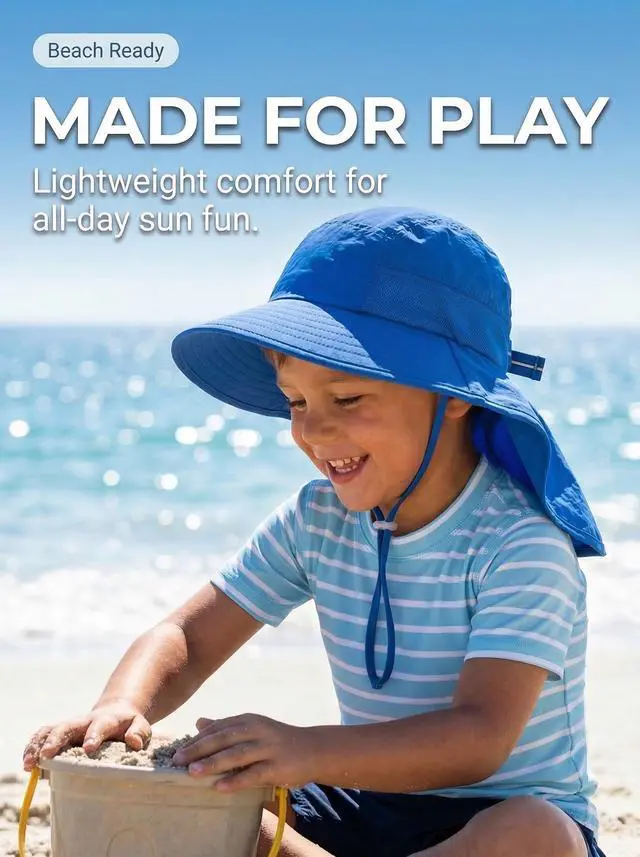 Alt view image 6 of 7 - Kids Sun Hat UPF50+ Sun Protection Bucket Hat Toddler Summer Beach Play Hats with Neck Flap for Girl Boy Ages 3~10 (SolidBlue)