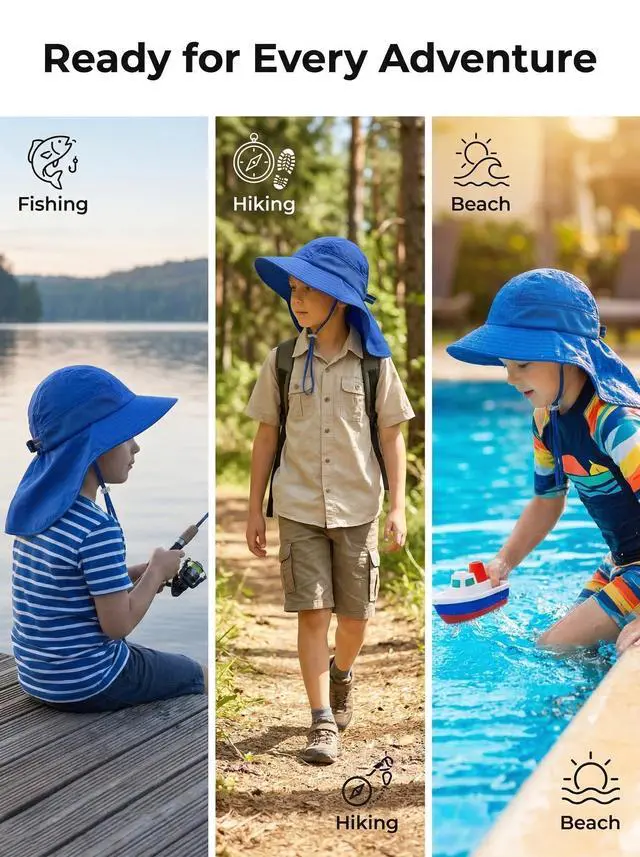 Alt view image 7 of 7 - Kids Sun Hat UPF50+ Sun Protection Bucket Hat Toddler Summer Beach Play Hats with Neck Flap for Girl Boy Ages 3~10 (SolidBlue)