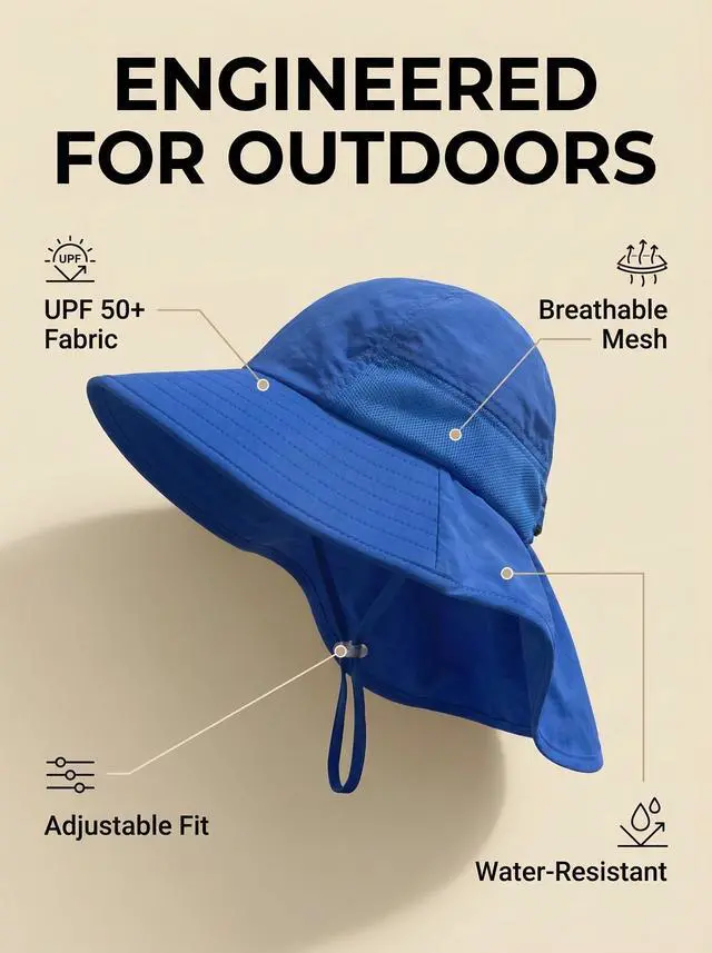 Alt view image 4 of 7 - Kids Sun Hat UPF50+ Sun Protection Bucket Hat Toddler Summer Beach Play Hats with Neck Flap for Girl Boy Ages 3~10 (SolidBlue)