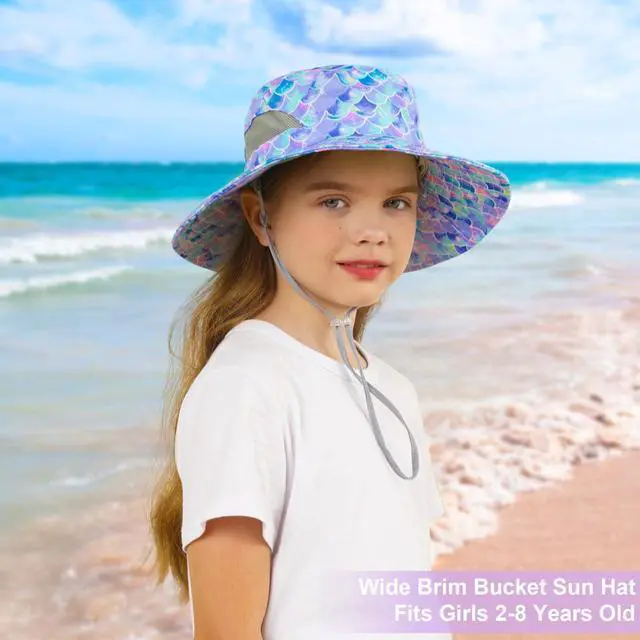 Alt view image 2 of 6 - Kids Sun Hat, UPF 50+ Girls Beach Hat for Toddler Kids Blue | Wide Brim Girls Bucket Hat with Breathable Mesh Side Vents and Adjustable Chin Strap for Beach, Fishing and Swimming