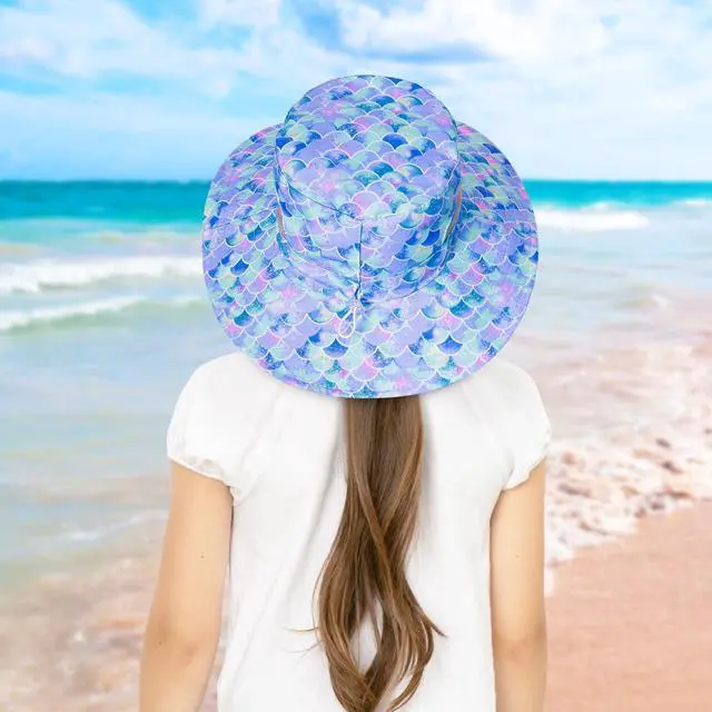Alt view image 3 of 6 - Kids Sun Hat, UPF 50+ Girls Beach Hat for Toddler Kids Blue | Wide Brim Girls Bucket Hat with Breathable Mesh Side Vents and Adjustable Chin Strap for Beach, Fishing and Swimming