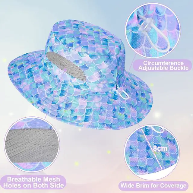 Alt view image 4 of 6 - Kids Sun Hat, UPF 50+ Girls Beach Hat for Toddler Kids Blue | Wide Brim Girls Bucket Hat with Breathable Mesh Side Vents and Adjustable Chin Strap for Beach, Fishing and Swimming