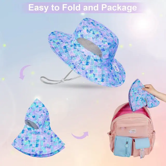 Alt view image 6 of 6 - Kids Sun Hat, UPF 50+ Girls Beach Hat for Toddler Kids Blue | Wide Brim Girls Bucket Hat with Breathable Mesh Side Vents and Adjustable Chin Strap for Beach, Fishing and Swimming