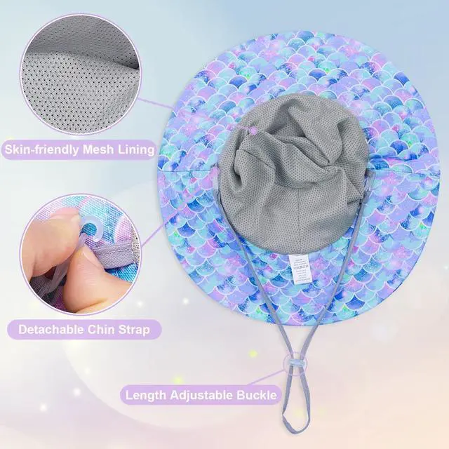 Alt view image 5 of 6 - Kids Sun Hat, UPF 50+ Girls Beach Hat for Toddler Kids Blue | Wide Brim Girls Bucket Hat with Breathable Mesh Side Vents and Adjustable Chin Strap for Beach, Fishing and Swimming