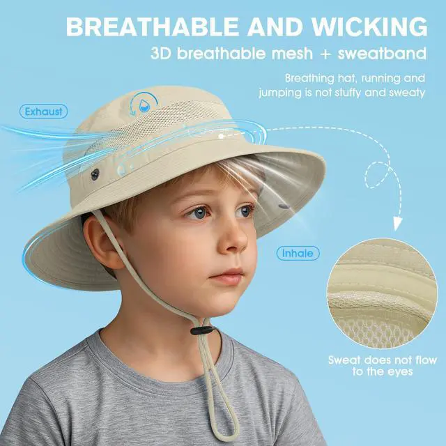 Alt view image 2 of 7 - Outdoor Kids Sun Hat UPF 50+ Quick Dry Adjustable Bucket Hat Windproof Waterproof Beach Fishing Safari Hat Beige 5-13T