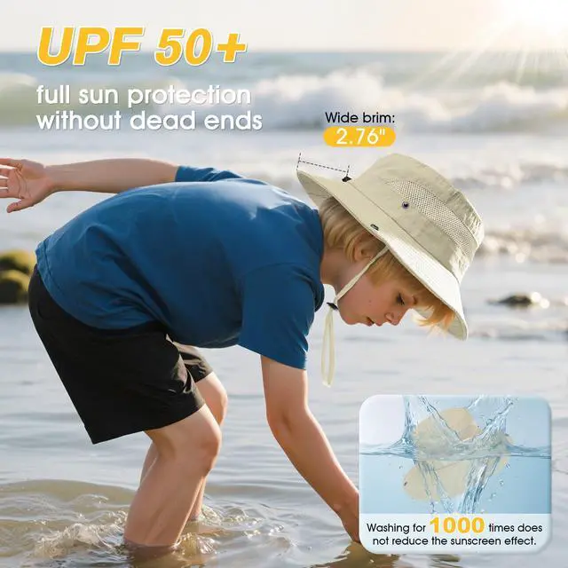 Alt view image 5 of 7 - Outdoor Kids Sun Hat UPF 50+ Quick Dry Adjustable Bucket Hat Windproof Waterproof Beach Fishing Safari Hat Beige 5-13T