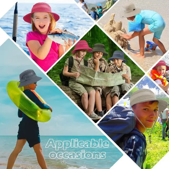 Alt view image 7 of 7 - Outdoor Kids Sun Hat UPF 50+ Quick Dry Adjustable Bucket Hat Windproof Waterproof Beach Fishing Safari Hat Beige 5-13T