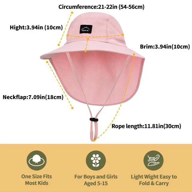 Alt view image 3 of 6 - Kids Sun Hat with Neck Flap Beach Fishing Bucket for Boys Girls Pink | UV Protection,Lightweight & Foldable, Waterproof Quick Dry, Adjustable Size, Wide Brim Hiking Camping Beach Travel Safari Hat