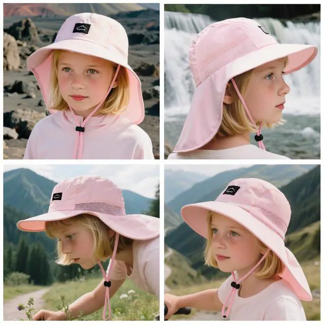 Alt view image 4 of 6 - Kids Sun Hat with Neck Flap Beach Fishing Bucket for Boys Girls Pink | UV Protection,Lightweight & Foldable, Waterproof Quick Dry, Adjustable Size, Wide Brim Hiking Camping Beach Travel Safari Hat