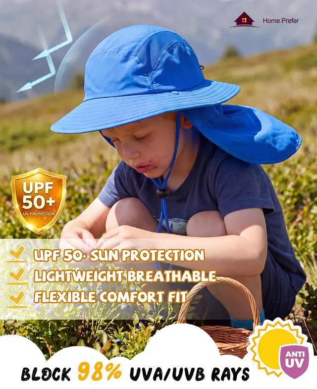 Alt view image 2 of 6 - UPF 50+ Boys Sun Hat with Neck Flap Summer Beach Hat Kids Safari Hat (Bright Blue)