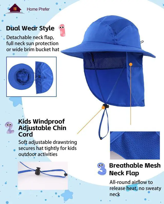 Alt view image 5 of 6 - UPF 50+ Boys Sun Hat with Neck Flap Summer Beach Hat Kids Safari Hat (Bright Blue)