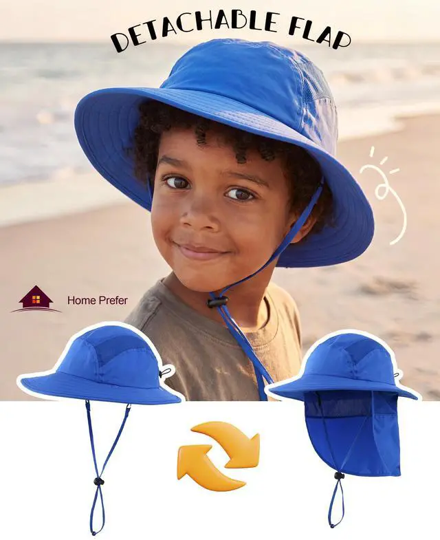Alt view image 4 of 6 - UPF 50+ Boys Sun Hat with Neck Flap Summer Beach Hat Kids Safari Hat (Bright Blue)
