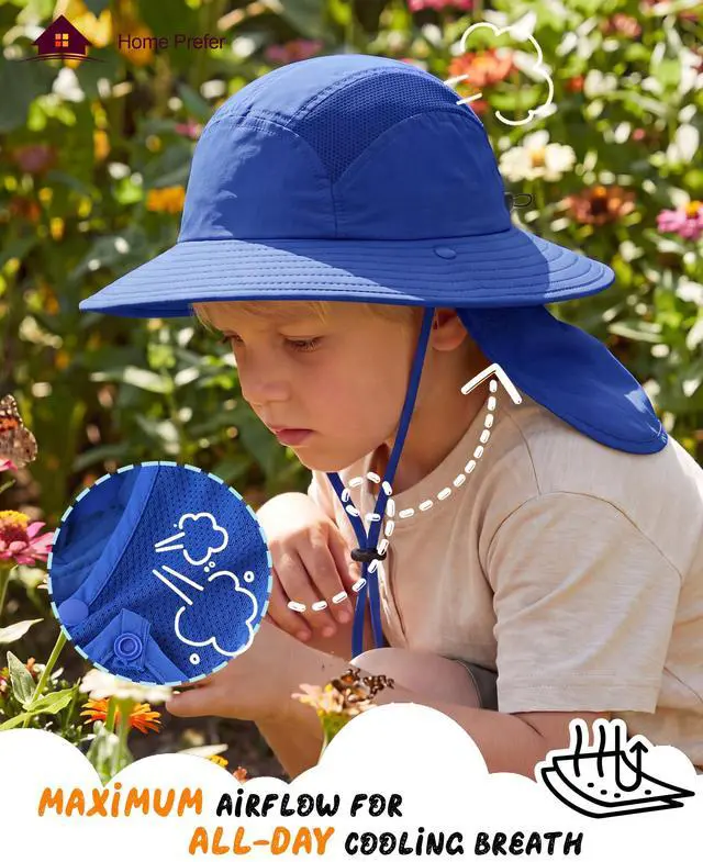 Alt view image 3 of 6 - UPF 50+ Boys Sun Hat with Neck Flap Summer Beach Hat Kids Safari Hat (Bright Blue)
