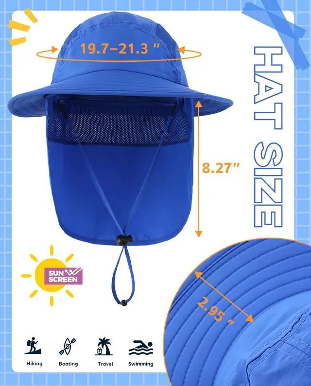 Alt view image 6 of 6 - UPF 50+ Boys Sun Hat with Neck Flap Summer Beach Hat Kids Safari Hat (Bright Blue)