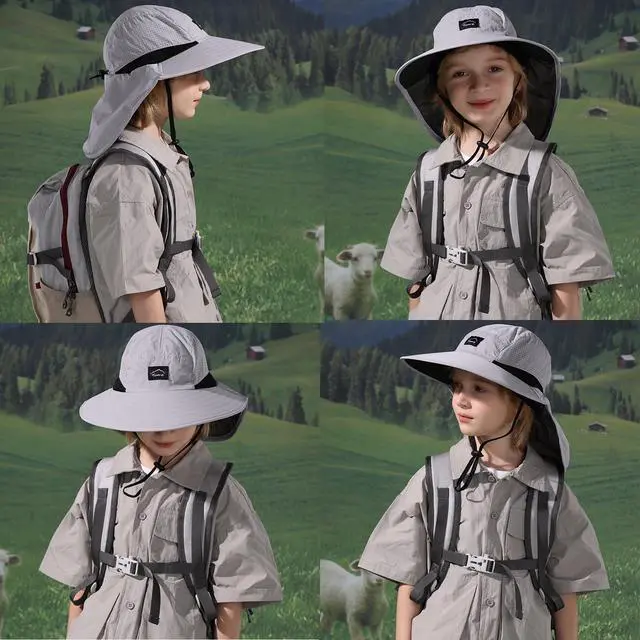 Alt view image 4 of 6 - Kids Sun Hat with Neck Flap Beach Fishing Bucket for Boys Girls | UV Protection,Lightweight & Foldable, Waterproof Quick Dry, Adjustable Size, Wide Brim Hiking Camping Beach Travel Safari Hat