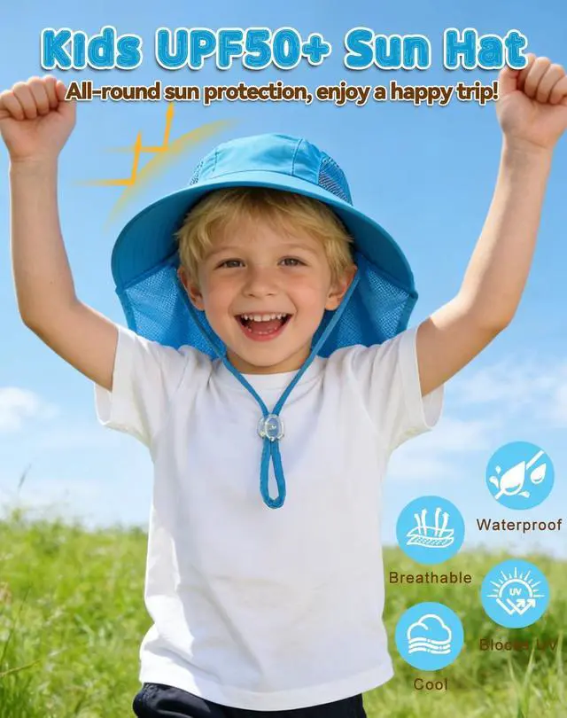 Alt view image 2 of 6 - Kids Sun Hat with Neck Flap UV Protection Summer Toddler Beach Hat Unisex Ponytail Hat Wide Brim Fishing Hat-Blue